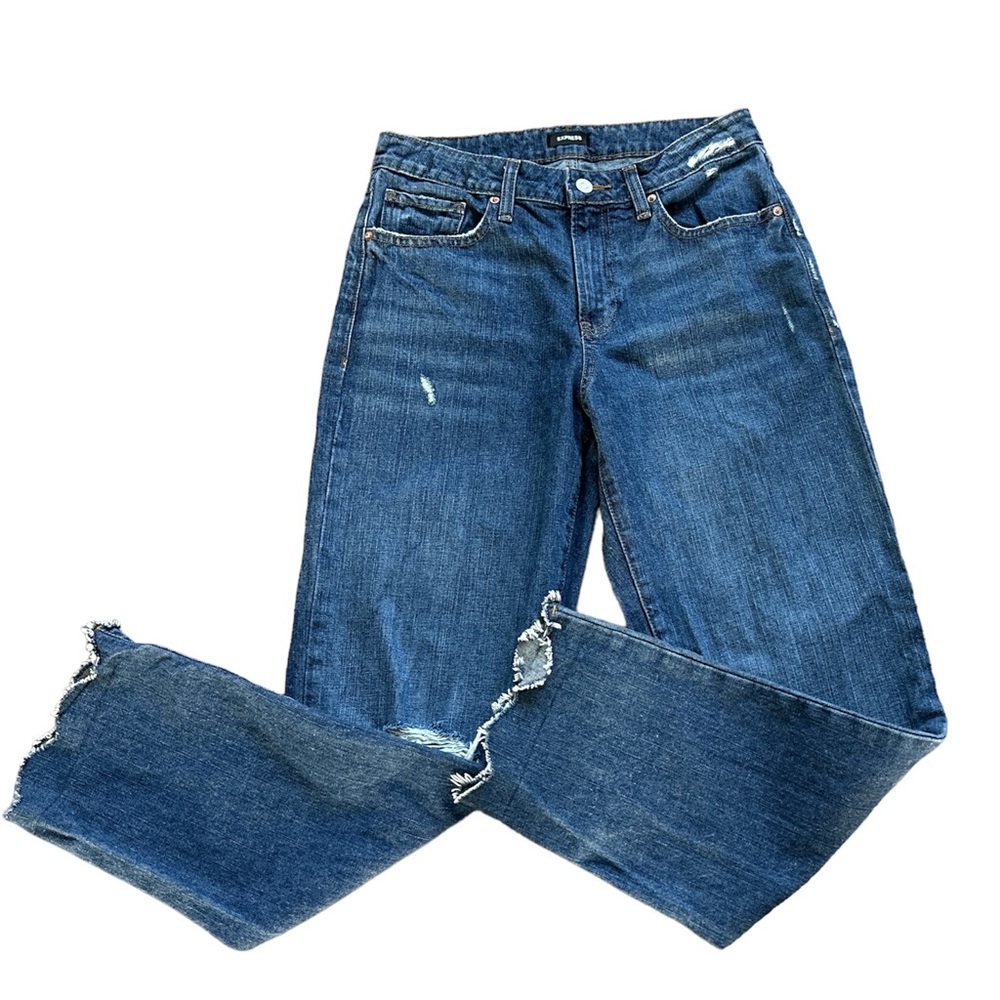 Express Mid Rise Dark Wash Raw Hem Boyfriend Jeans - Picture 2 of 9